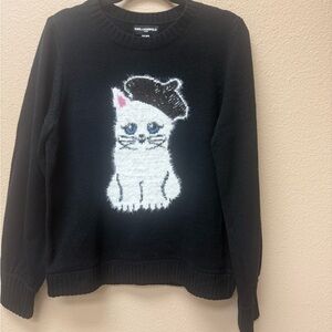 Karl Lagerfeld Black Crewneck Sweater with White Cat Wearing Beret